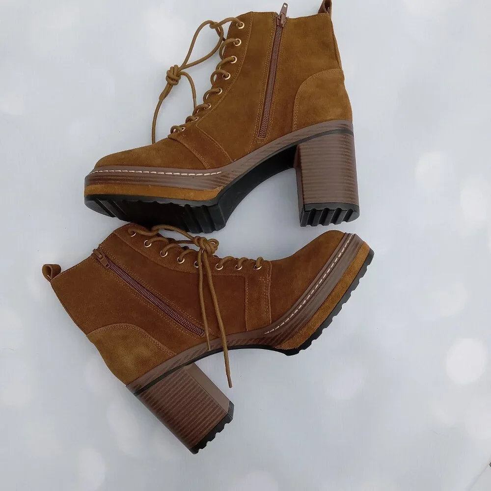 Steve Madden Sheridan Brown Suede Lace‎ Up/Zipper Block Stacked Heel Boot 9.5M